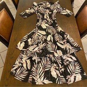 House of Lancry Black Orange Floral Print Sheer Ruffle Maxi Dress Size Small